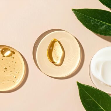 Skincare products with leaves on a light background.