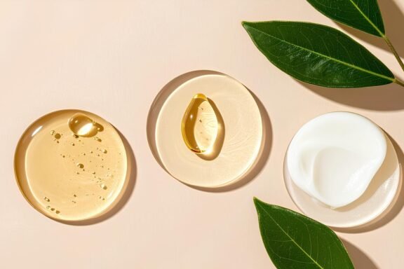 Skincare products with leaves on a light background.